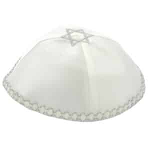 Satin Kippah 20cm- White with Star of David and Silver Around