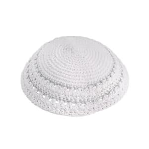 Knitted Kippah 15 cm- White with Holes and Silver Stripes