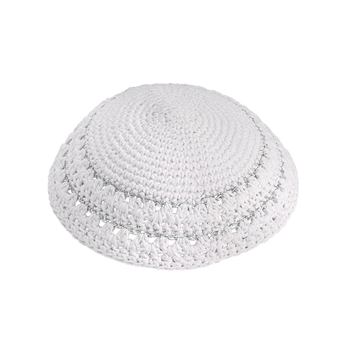 Knitted Kippah 15 cm- White with Holes and Silver Stripes