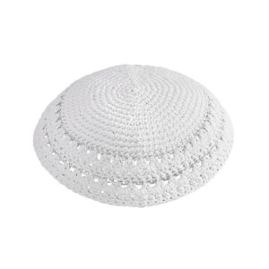 Knitted Kippah 17cm- White with 2 Silver Stripes
