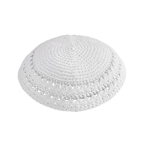 Knitted Kippah 17cm- White with 2 Silver Stripes