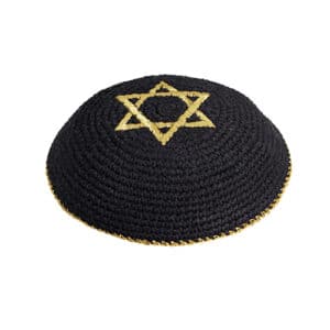 Knitted Kippah 16 cm- Black with Golden Magen David Embroidery