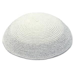 Knitted Kippah 17 cm- White with Silver Line