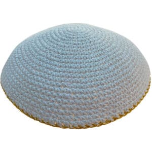 Knitted Kippah 15 cm- White with Golden Line