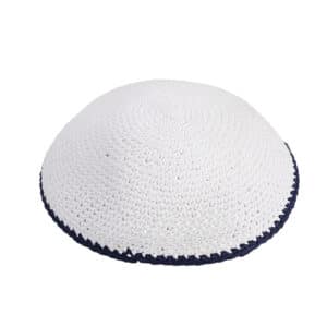Knitted Kippah 15 cm- White with Blue Line