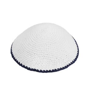 Knitted Kippah 17 cm- White with Blue Line