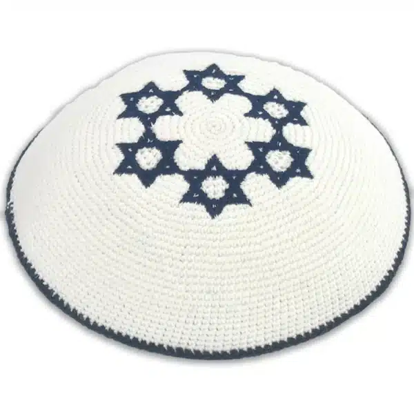 Knitted Kippah 16 cm- White with Blue Magen David Embroidery