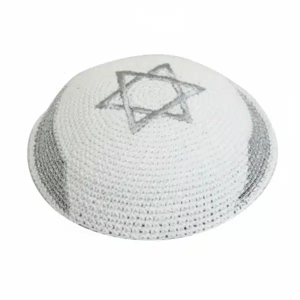 Knitted Kippah 16 cm with Silver Israel Flag Embroidery
