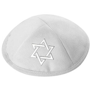 White Ultra Suede Kippah 19 cm with Golden Embroidered Magen David and Pin Spot - Silver