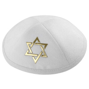 White Ultra Suede Kippah 19 cm with Silver Embroidered Magen David and Pin Spot - Gold