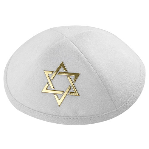White Ultra Suede Kippah 19 cm with Silver Embroidered Magen David and Pin Spot - Gold