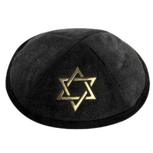 Black Ultra Suede Kippah 19 cm with Golden Embroidered Magen David and Pin Spot