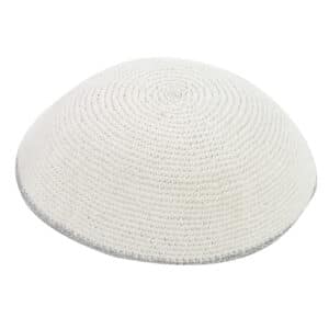 Knitted D.m.c Kippah 18 cm - White with Silver Rim