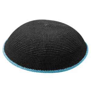 Knitted D.m.c Kippah 20 cm - Black with Blue Rim