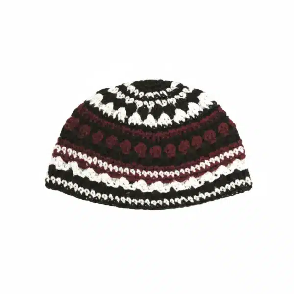 Frik Kippah 21 cm- Bordeaux-black-white Striped Design - Maroon