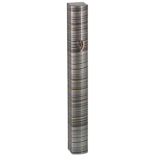Aluminum Mezuzah 12cm-3d Metallic Gray Striped Design - Matte