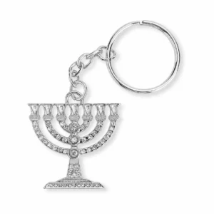 Key Chain "MENORA" with stones inlay 4 cm - Silver
