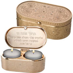 Metal Travel Size Candlesticks in a Box with cover inlaid with Stones 4X9 cm- filigreen