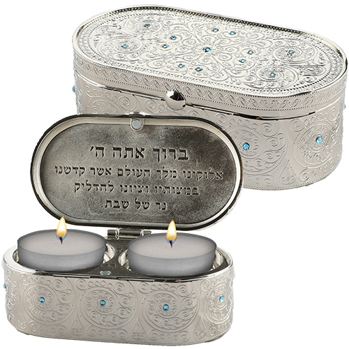 Nickel Travel Size Candlesticks in a Box with Cover Inlaid with Light Blue Stones 4x9 cm- "Filigree"