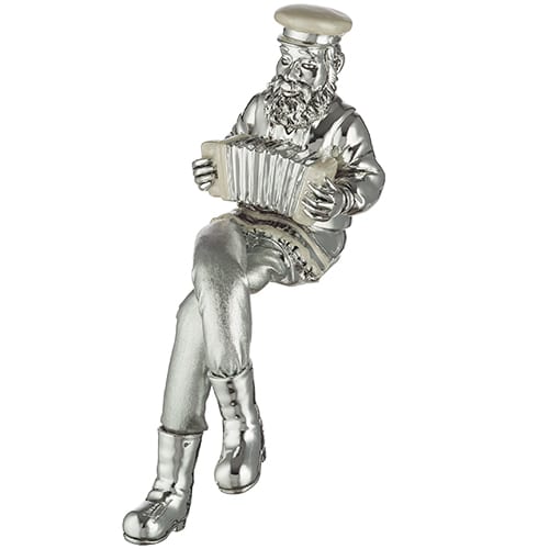 Polymer & Beige Enamel Sitting Hassidic Figurine with Cloth Legs 25 cm- Accordion Player - Silvered