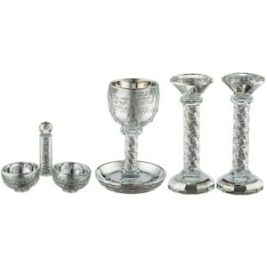 Crystal Set of Candlesticks ++ Kiddush Cup ++ Salt & Pepper Stand with Stones - Silver
