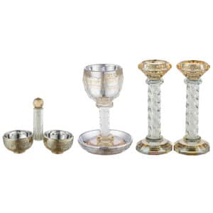 Crystal Set of Candlesticks ++ Kiddush Cup ++ Salt & Pepper Stand with Stones