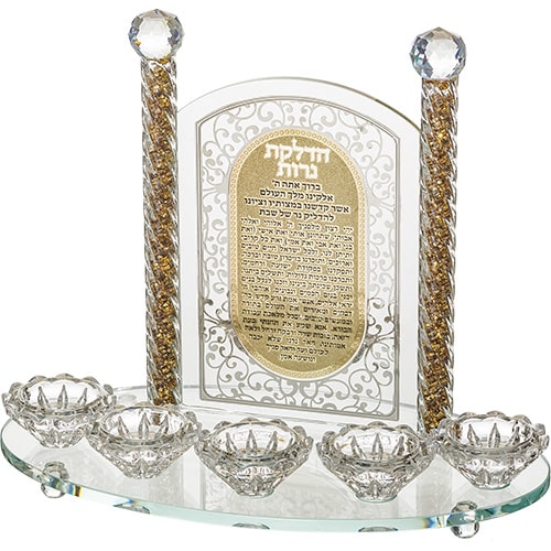 Crystal Candlesticks 5 Candles with Laser Cut Metal Plaque 25 cm