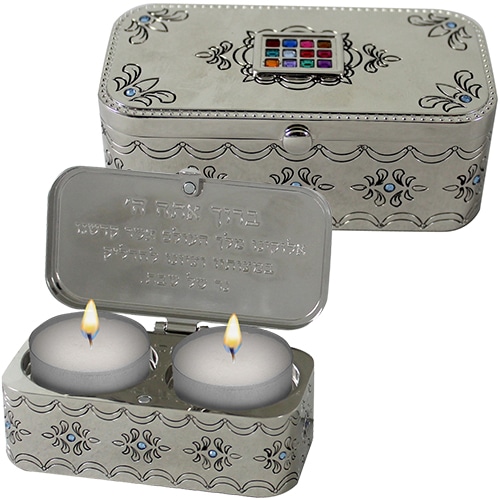 Nickel Travel Size Candlesticks in a Box with Cover 3x9 cm Inlaid with Choshen Stones