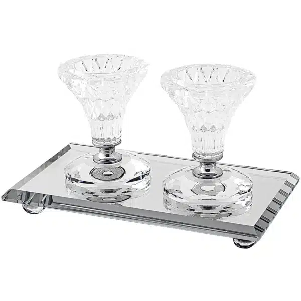 Pair Elegant Crystal Candlesticks 8cm with Elegant Tray 18x10 cm