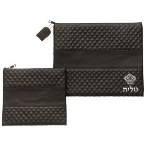 Leatherette Tallit - Tefillin Set 36*29 cm Black with Embossed Logo - Silver