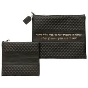 Leatherette Tallit - Tefillin Set 36*29 cm Black with Embossed Logo - Gold
