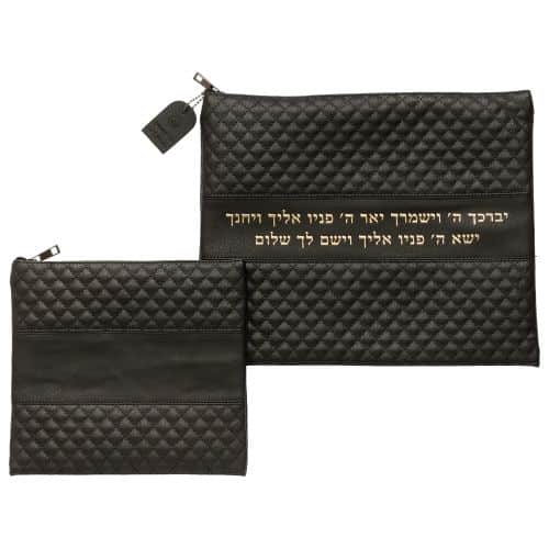 Leatherette Tallit - Tefillin Set 36*29 cm Black with Embossed Logo - Gold