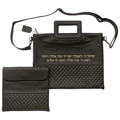 PU Leathere Fabric Talit & Tefilin Set 38*31 cm - Black with Embossed Logo - Gold