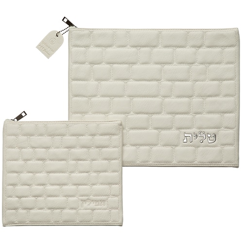Leatherette Tallit - Tefillin Set 36*29 cm with Embossed Logo - White