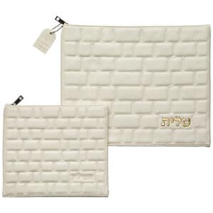 Leatherette Tallit - Tefillin Set 36*29 cm with Embossed Logo - White