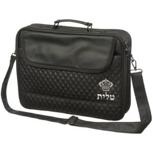 PU Leathere Fabric Talit 43*36 cm with Handle- Black with Embossed Letters