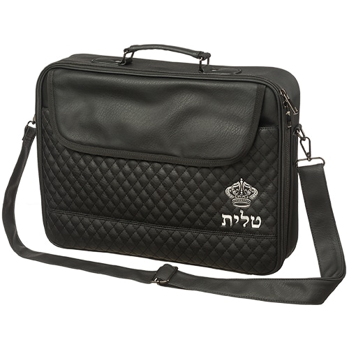 PU Leathere Fabric Talit 43*36 cm with Handle- Black with Embossed Letters