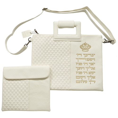 PU Leathere Fabric Talit & Tefilin Set 38*31 cm - White with Embossed Letters