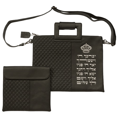 PU Leathere Fabric Talit & Tefilin Set 38*31 cm - Black with Embossed Letters