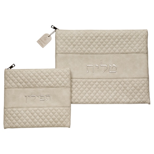 Leatherette Tallit - Gray Tefillin Set 36*29 cm with Embroidery