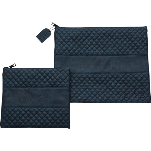 Leatherette Tallit - Tefillin Set 36*29 cm with Bold Embroidery - Navy - Dark Blue