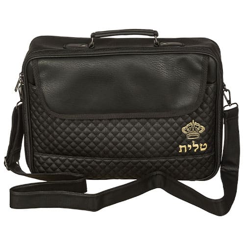 PU Leathere Fabric Talit 43*36 cm with Handle- Black with Embossed Letters
