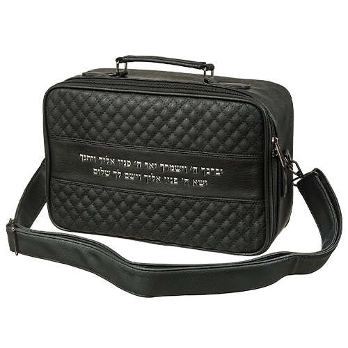 PU Leathere Fabric Talit 23*36 cm with Handle- Black with Embossed Letters