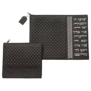 Leatherette Tallit - Tefillin Set 36*29 cm Black with Embossed Texture - Silver