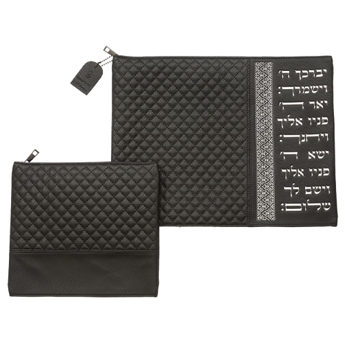 Leatherette Tallit - Tefillin Set 36*29 cm Black with Embossed Texture - Silver