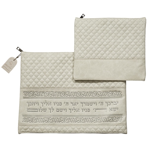 Leatherette Tallit - Tefillin Set 36*29 cm Gray with Embossed Texture - Silver