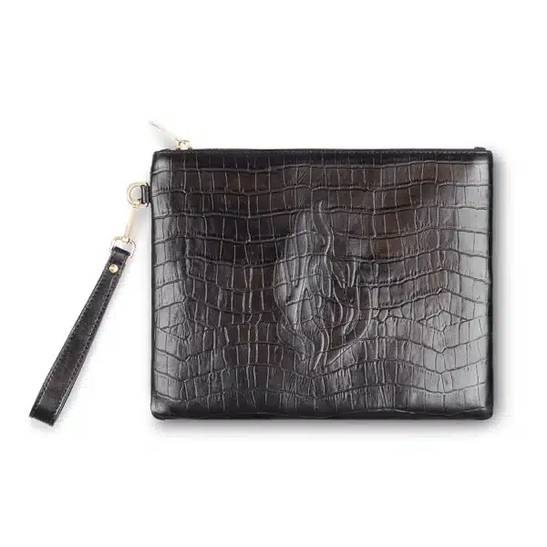 Leather Tefilin Clutch Bag with Embossed logo 26.5x20.5 cm - Black