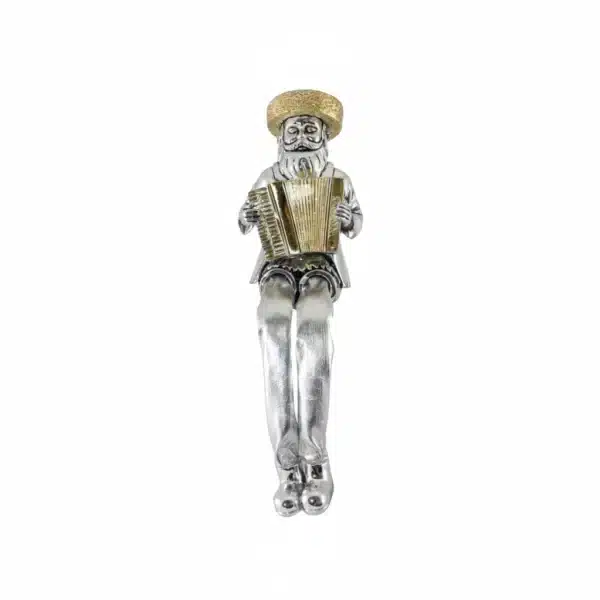 Silvered Polymer Sitting Hassidic Figurine with Cloth Legs 19 cm- Accordion Player