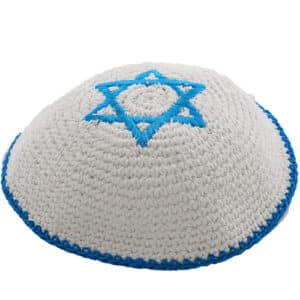 Knitted Kippah 16 cm- White with Blue Magen David Embroidery - Light Blue