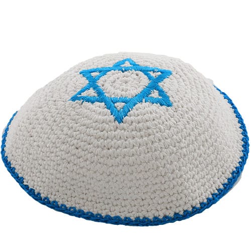 Knitted Kippah 16 cm- White with Blue Magen David Embroidery - Light Blue